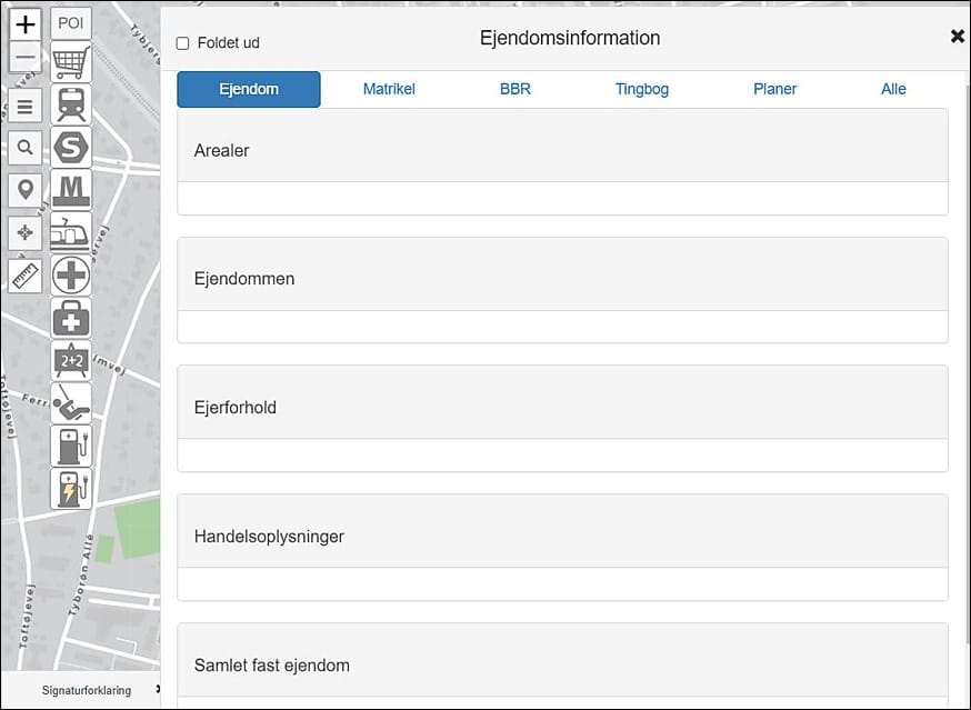 Viser faner i ejendomsinformation i Mapit