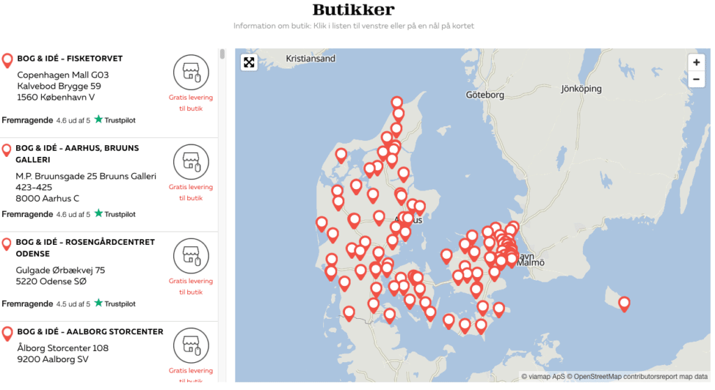 Bog & ide har valgt find butik løsning fra Viamap på deres hjemmeside, så brugerne lettere kan finde nærmeste butik