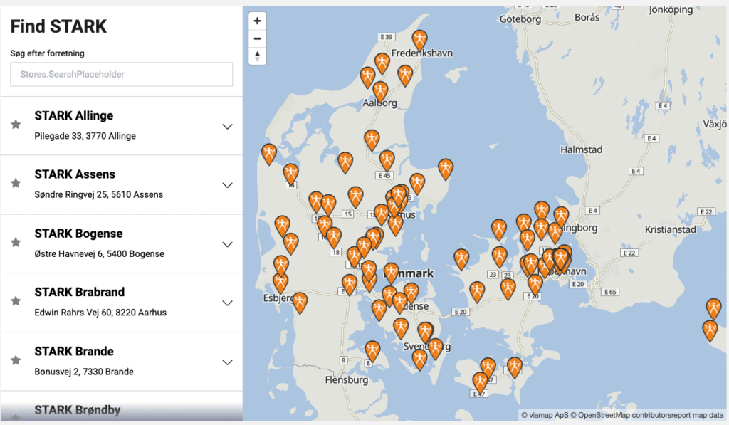 Viser START find butik liste, hvor man kan skrive postnummer eller by