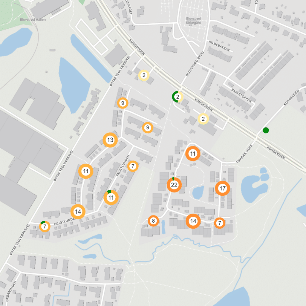 Varmeplanlægning med Mapit Surveyor. Fordeling af varmekilder i et område. Data udtrukket med Mapit Surveyor.