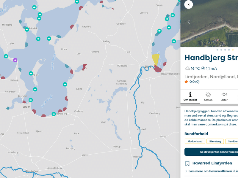 Fiskepladser i Danmark. Vist på kort og ill. med skråfotos, så landskabet kan ses