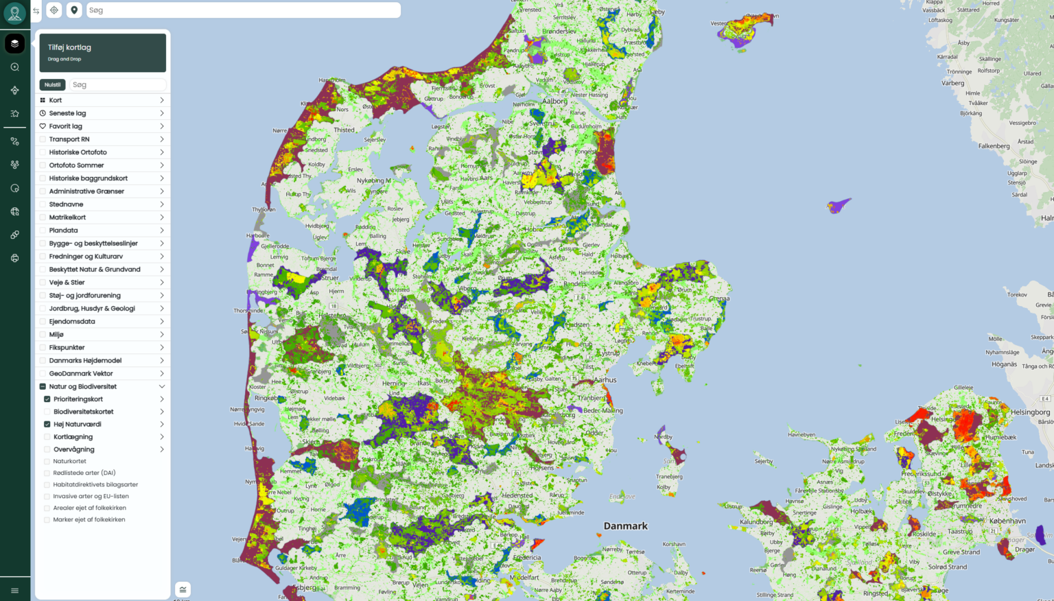 Biodiversitet i Danmark – Interaktive kort & analyser | Viamap 1 Mpit4 indeholder kortlag som natur og biodiversitet