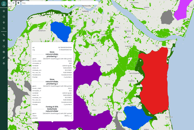 Med Mapit fra Viamap kan du via kortlag som Natur og Biodiversitet udsøge områder, der skal omlægges til skov i forhold til den grønne 3 partsaftale
