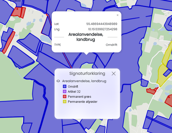Visualisering af Arealanvendelse Landbrug i mapit platformen fra Viamap