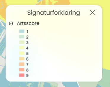 Signaturforklaring over de forskellige Artscore, der findes på Biodiversitetskortet i mapitplatformen fra Viamap