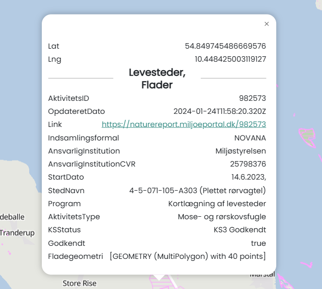 Kortudsnit fra Mapit-platformen med infoboks, der viser metadata for et levested registreret under NOVANA-programmet og Miljøstyrelsen – herunder aktivitetsID, artskategori og koordinater.