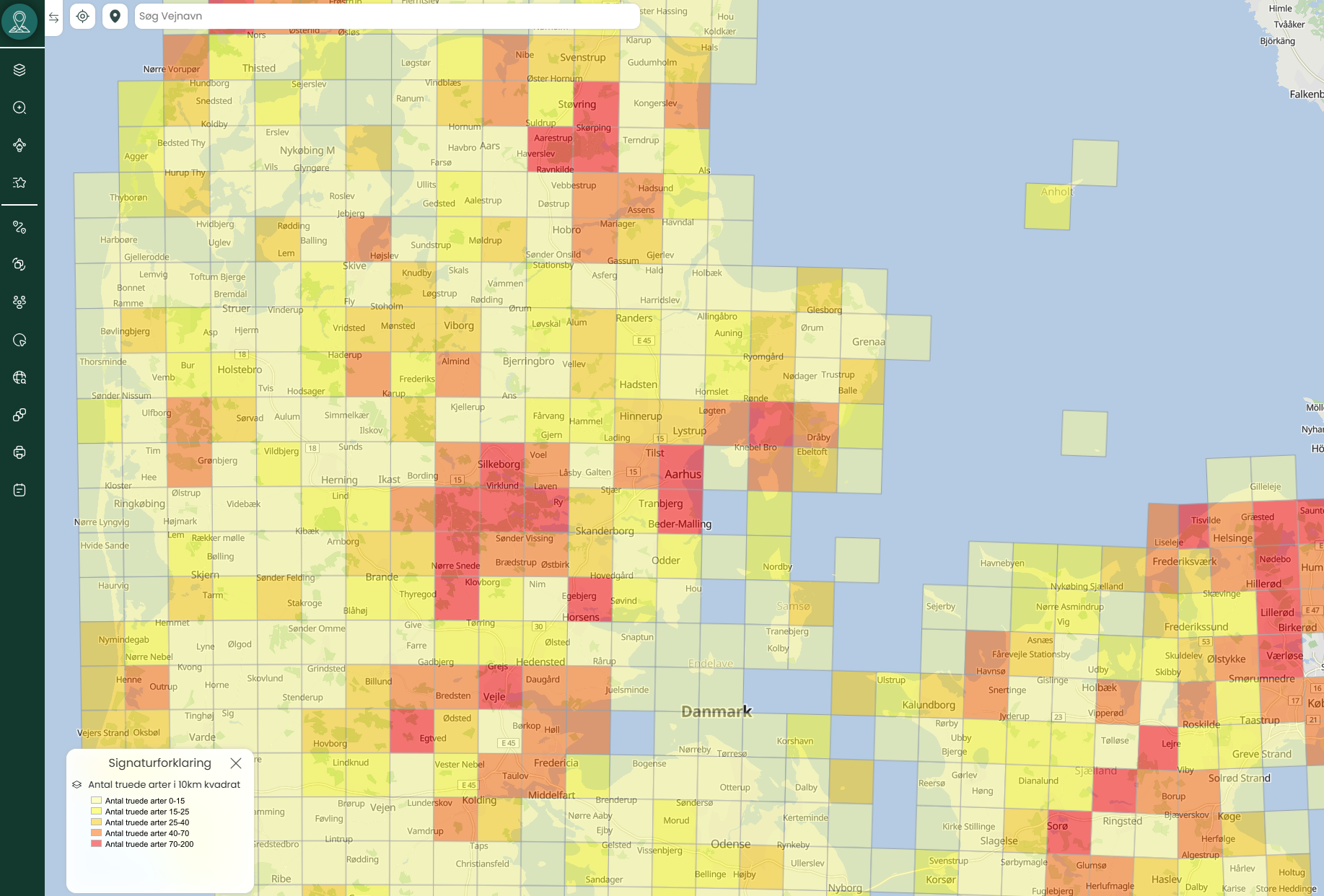 Kort over Danmark med farvekodede 10 km kvadrater, der viser antallet af truede arter, visualiseret i MapIt-platformen fra Viamap.