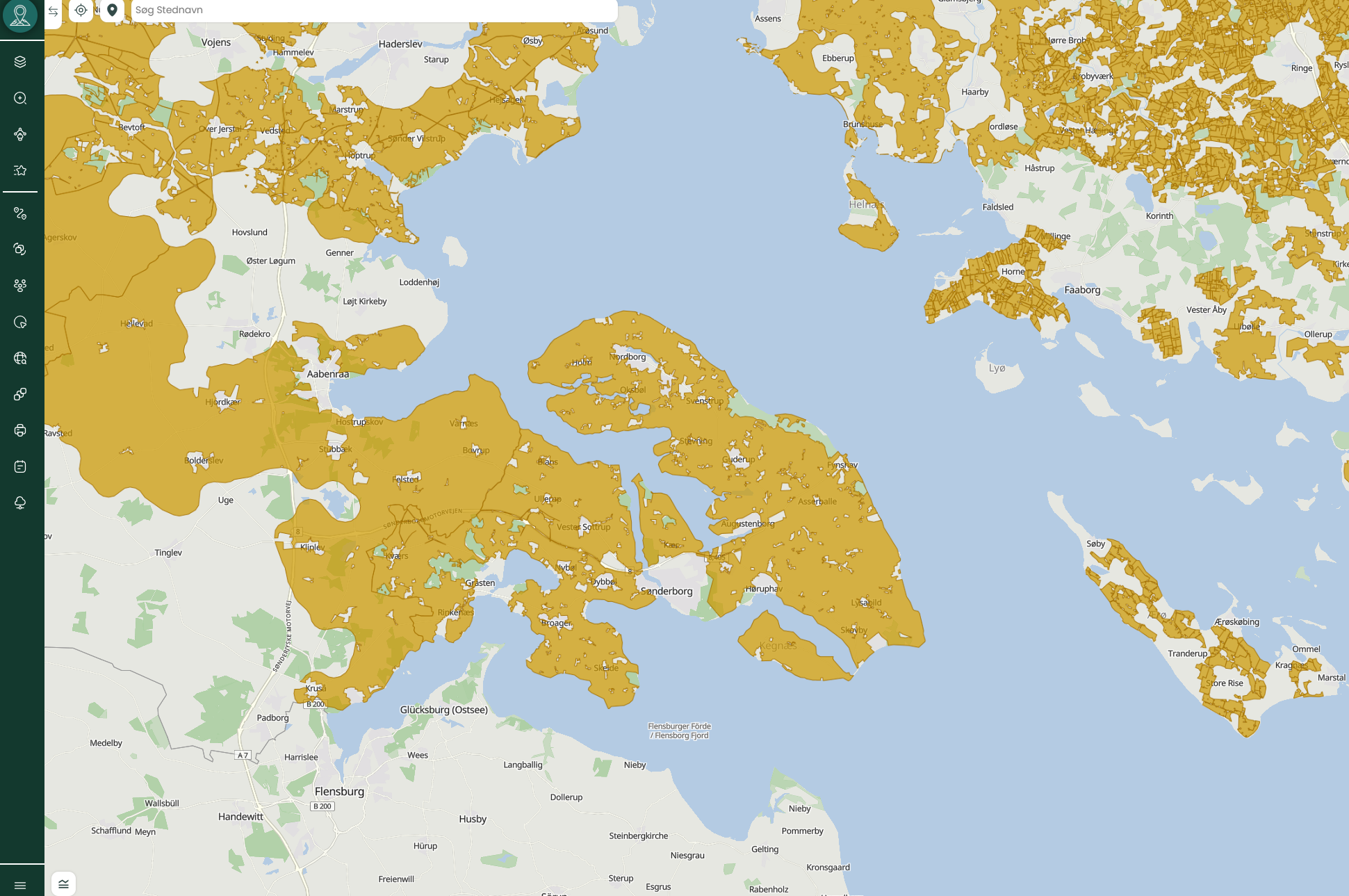 Særlig Værdifulde Landbrugsområder, vedtaget | MapIt Kortlag til Planlægning - Viamap 1 alt="Kortvisning af særligt værdifulde landbrugsområder i MapIt-platformen fra Viamap. Store gule områder markerer udpegede landbrugsområder på tværs af Sønderjylland og Fyn."