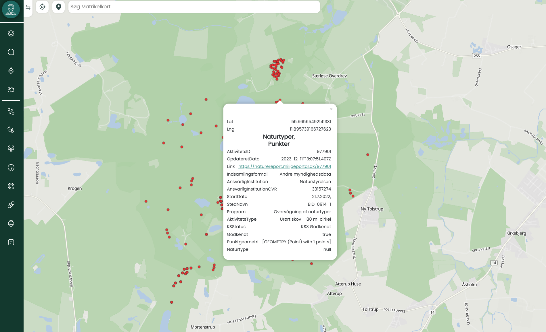 Kortvisning fra Mapit-platformen, der viser punkter fra overvågning af naturtyper i området omkring Særløse Overdrev. Data stammer fra Naturdatabasen og visualiserer habitatregistreringer.
