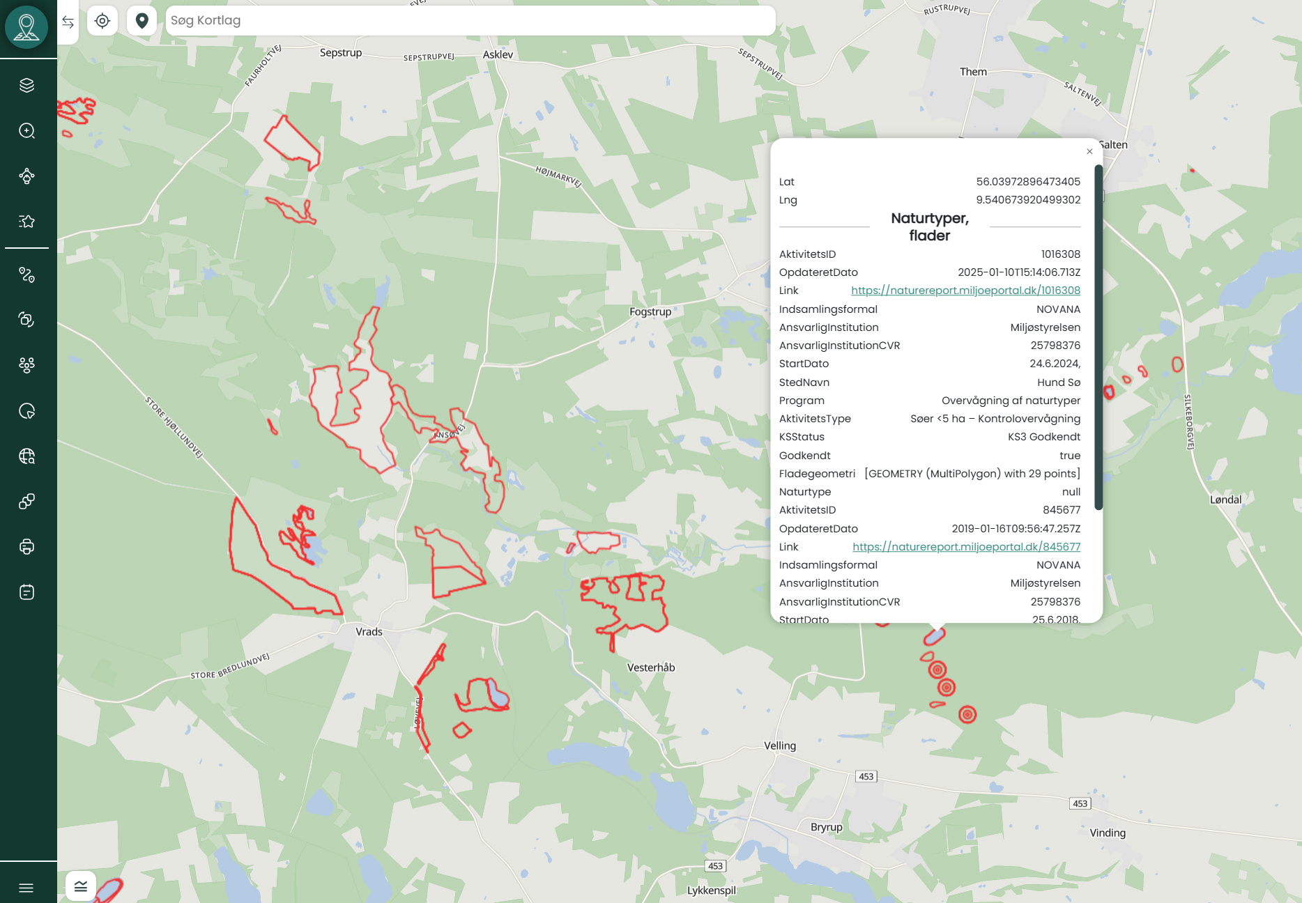 alt="Kortvisning i Mapit med røde polygoner over naturtyper nær Vrads og Vesterhåb, baseret på data fra Naturdatabasen"