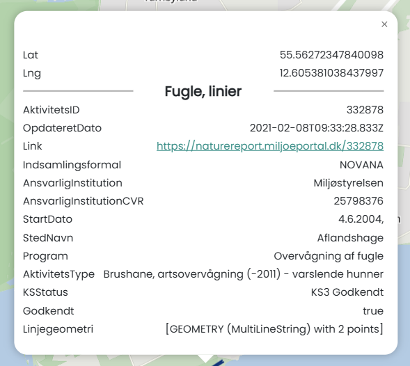 Pop-up-vindue i MapIt-platformen med detaljer om overvågningslinje for fugle ved Aflandshage, indsamlet af Miljøstyrelsen under NOVANA-programmet.