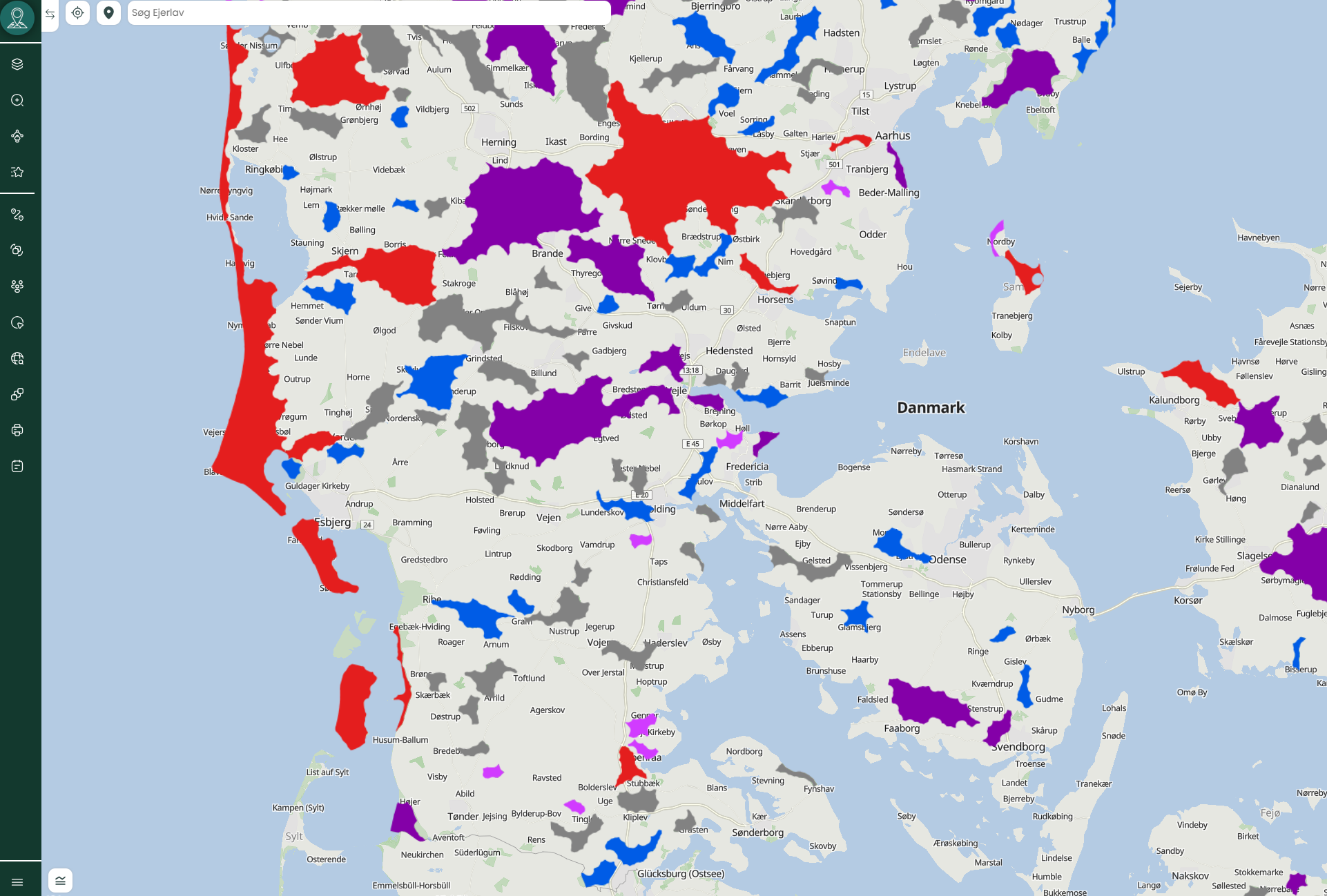 Kortvisning over Danmark med farvelagte områder, der viser store naturområder af prioritet 2 i MapIt-platformen.