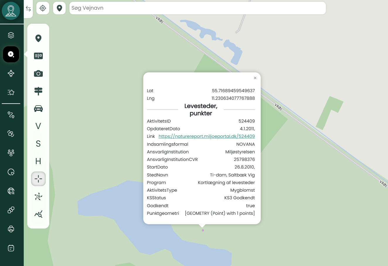 Popup-visning i Mapit-platformen for et punkt i kortlaget "Levesteder – punkter", med detaljer om lokaliteten Ti-dam, Saltbæk Vig, herunder artstype, program og godkendelsesstatus.