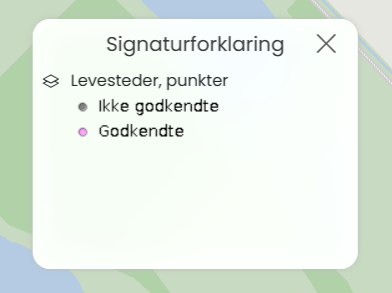 Signaturforklaring i Mapit-platformen for kortlaget "Levesteder – punkter", med symboler for godkendte og ikke-godkendte levesteder.