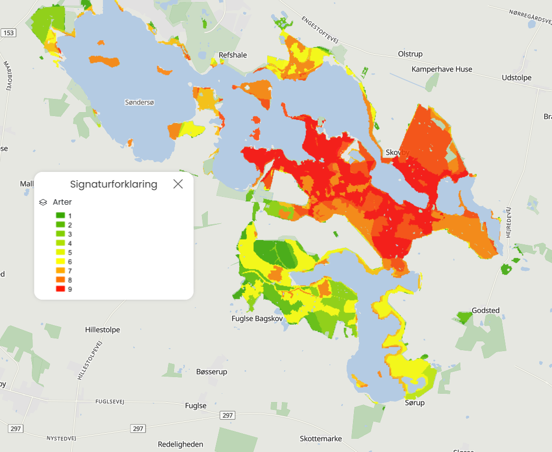 Signaturforklaring for HNV - Skov Arter kortlag i MapIt, der viser farveskala baseret på biodiversitetsscore fra 1 til 9.