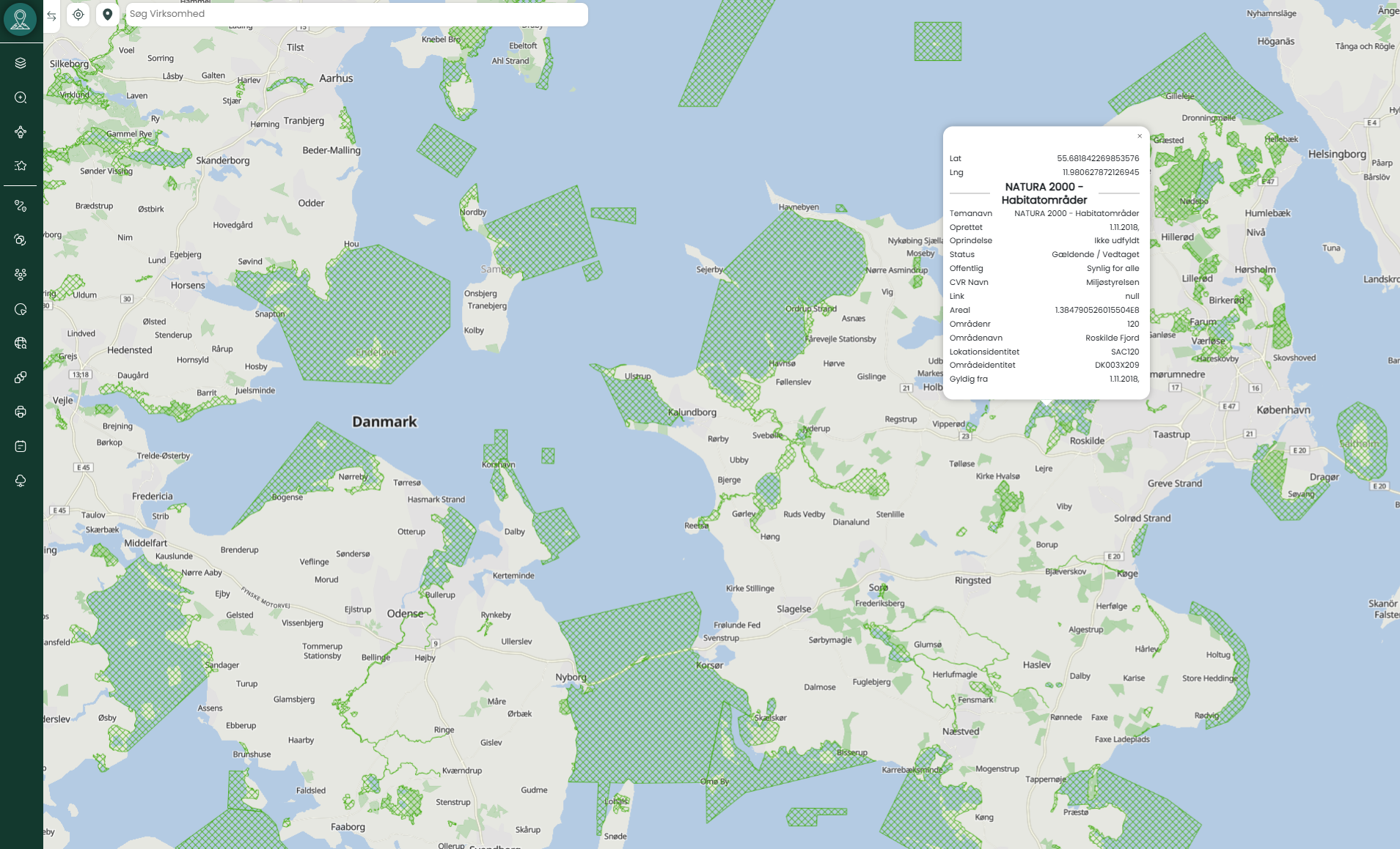 Kort over Danmark med udpegede Natura 2000-habitatområder vist som grønne flader i MapIt-platformen fra Viamap.