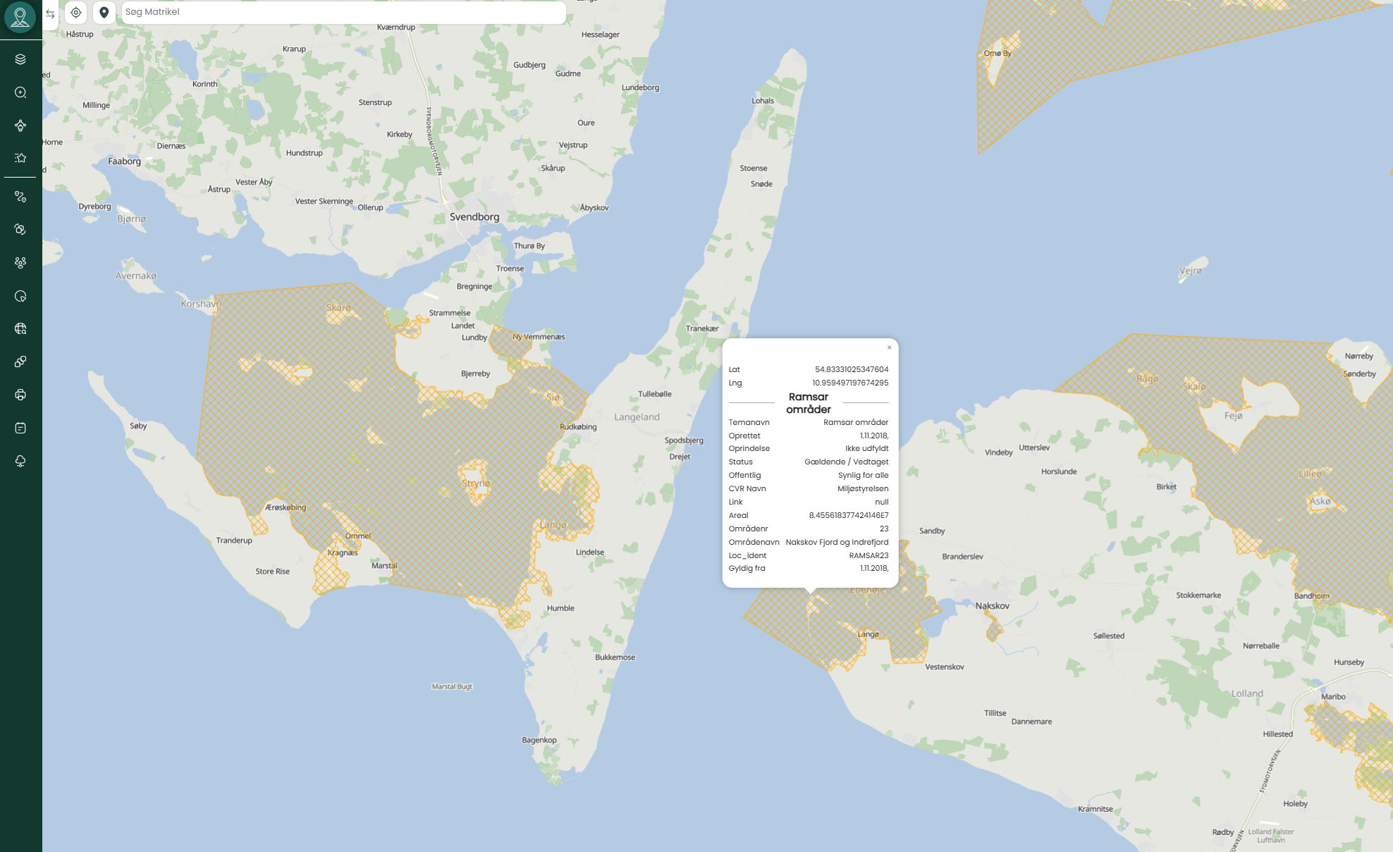 Ramsarområder i Danmark – Analyse & Kortvisning i MapIt | Viamap 1 Kortvisning af Ramsarområder i MapIt-platformen fra Viamap. Områderne vises med skraveret markering ved bl.a. Nakskov Fjord og det Sydfynske Øhav.